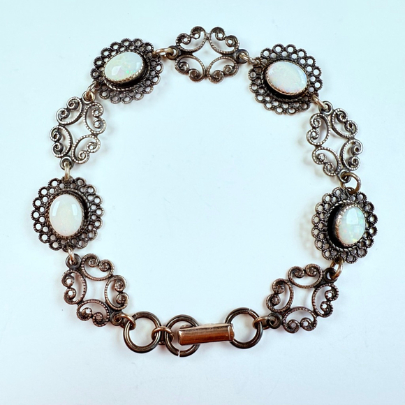 BEAU 3 TCW Opal Cabochon Filigree Scroll Link Sterling Silver 925 VTG Bracelet - Picture 1 of 9